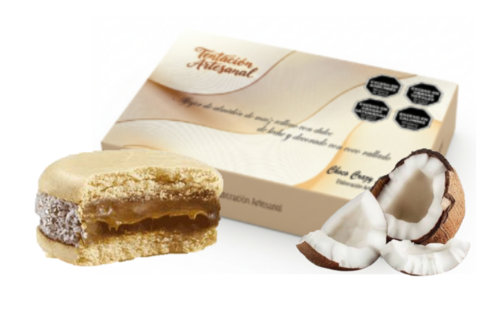 Caja x 6 Alfajores de Almidón de Maíz rellenos con dulce de leche ornamentados con coco rayado