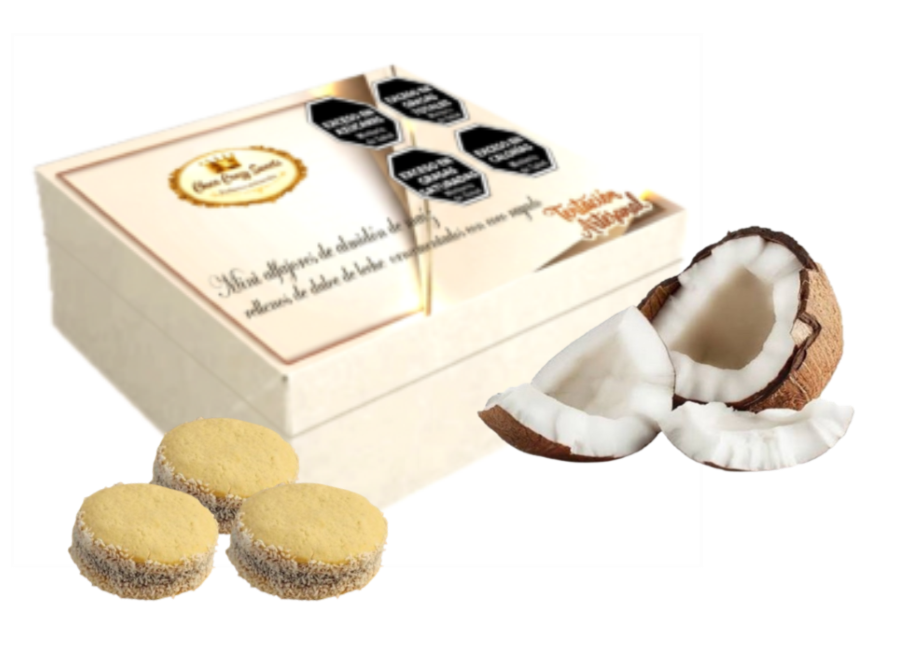 Caja x 12 Mini alfajores de almidón de maíz,  rellenos con dulce de leche ornamentados con coco rayado