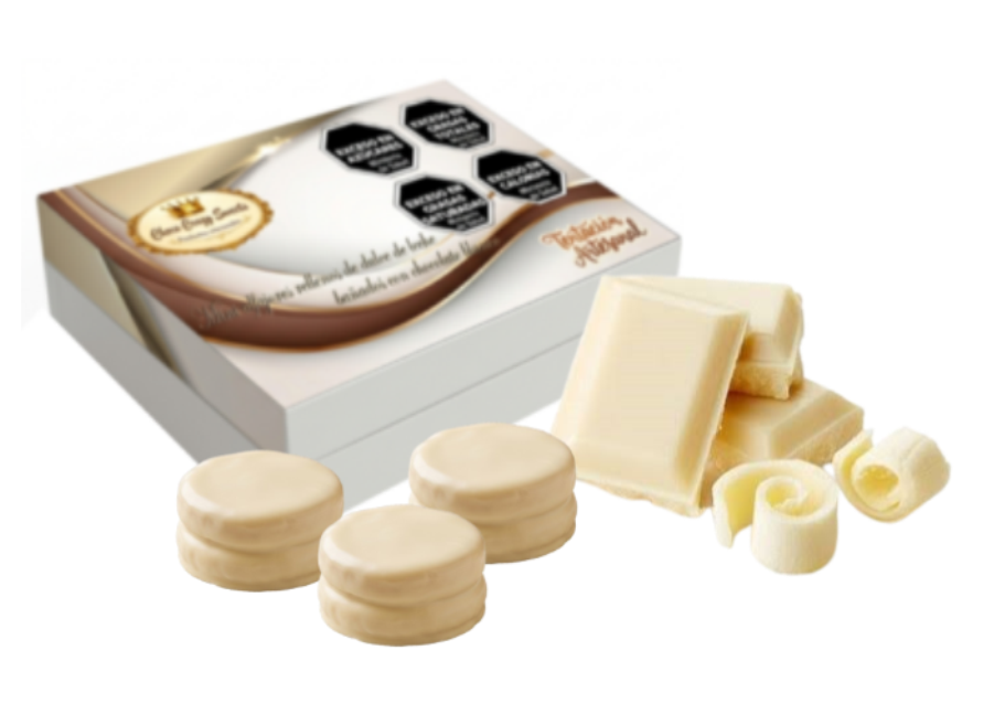 Caja x 12 Mini alfajores  bañados en chocolate blanco