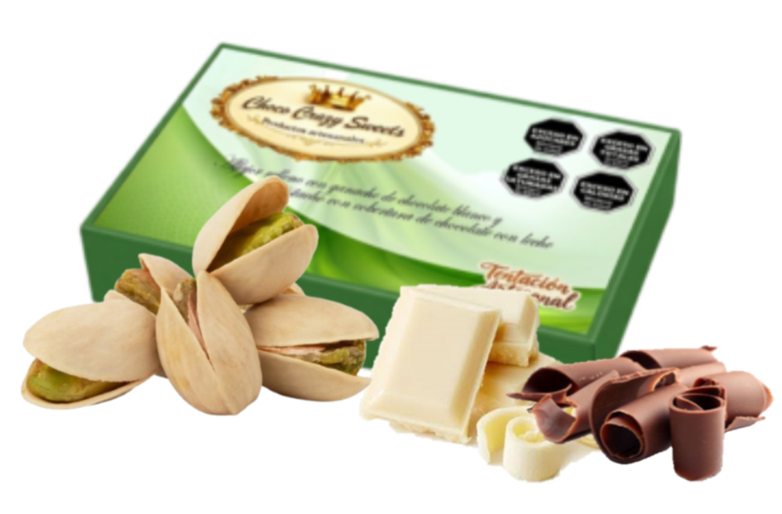 Caja x 6 Alfajores rellenos con ganache de chocolate blanco con pistachos molidos bañados en chocolate con leche