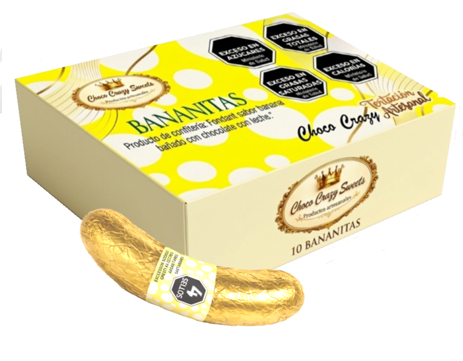 Caja x 10  unidades de   Bananitas rellenas con fondant sabor banana bañadas con chocolate con leche