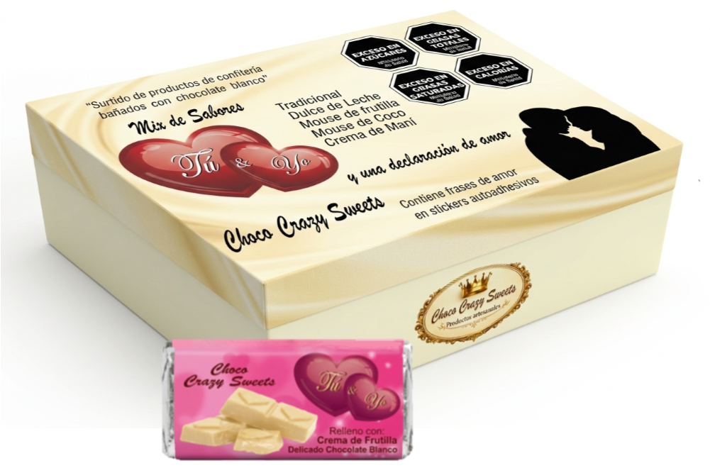 Caja x 10 unidades de Tú y Yo, de chocolate blanco. 5 diferentes rellenos, en cada unidad, sticker autoadhesivo con frase de amor.