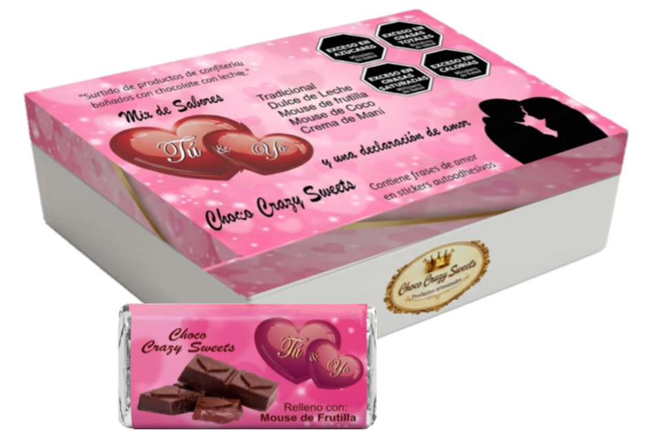 Caja x 10 unidades de Tú y Yo, de chocolate con leche. 5 diferentes rellenos, en cada unidad, sticker autoadhesivo con frase de amor.